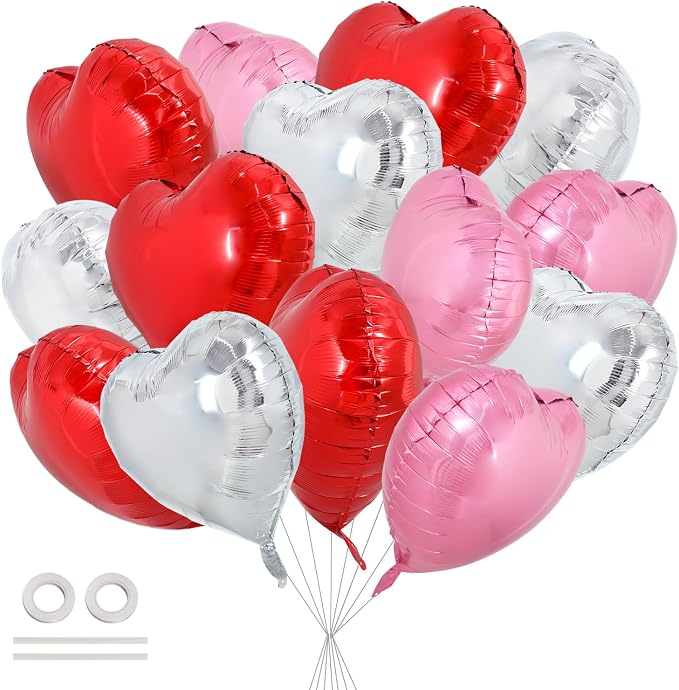 TONIFUL 30 Pcs 18 Inch Red Silver Pink Heart Shape Foil Mylar Balloons | Helium by TONIFUL