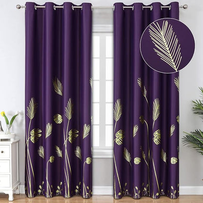Purple Blackout Curtains for Bedroom, Room Darkening Gold Palm Tree Pattern by ESTELARTEXTILER