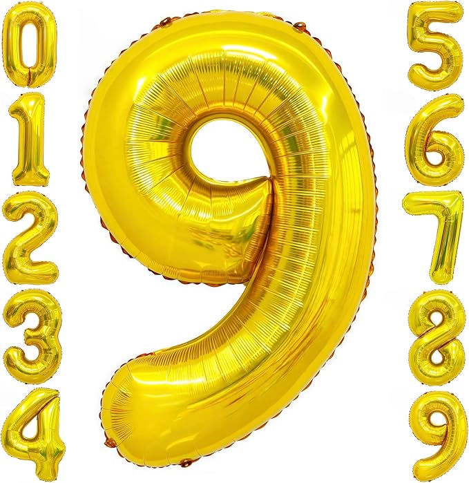 Gold 9 Balloon Number, 40 Inch Number 9 Balloon Large Gold 9 Foil Mylar Helium by BBPOOL