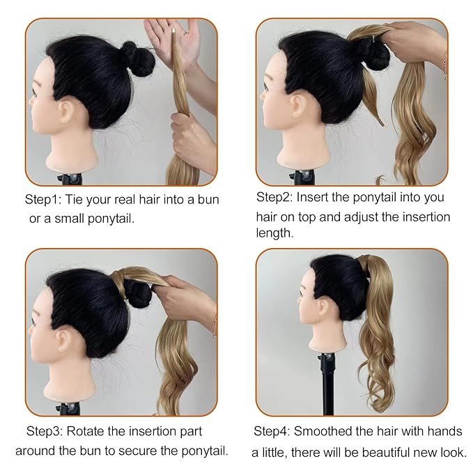 Chicmoi Chocolate Brown Ponytail Extainson with Blonde Highlight 32 Inch Flexible Wrap Around Ponytail Hair Extension Long Wavy Pony Tails hair Extension Synthetic Hairpieces For Women and Girls