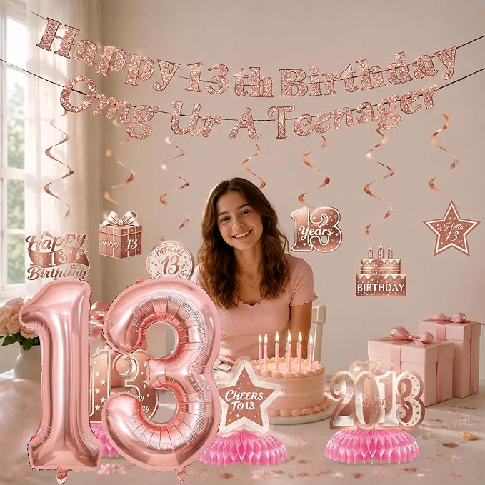 13th Birthday Decorations For Girls, Pre-Strung Rose Gold Happy 13th Birthday & - Image 3
