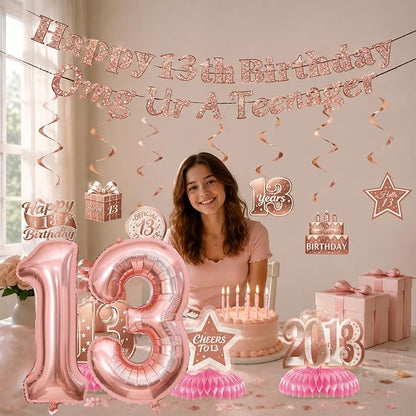 13th Birthday Decorations For Girls, Pre-Strung Rose Gold Happy 13th Birthday & - Image 3