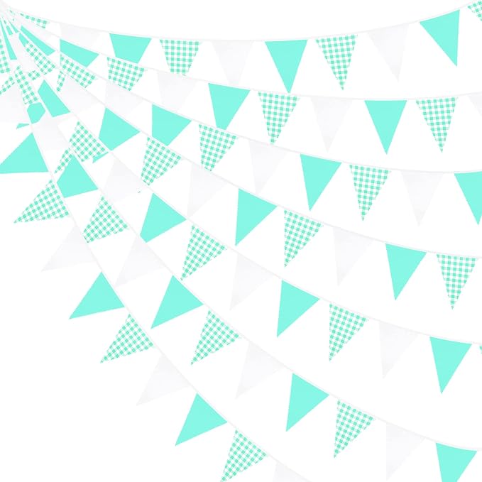 32Ft Aqua Green Plaid Checkered Party Banners Gingham Triangle Pennant Flag by pinkblume
