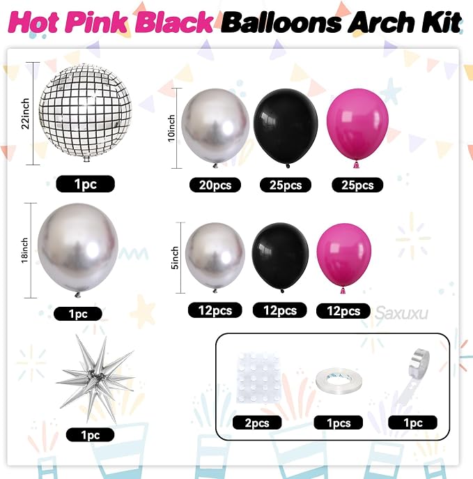 Disco Balloon Arch Kit, Hot Pink Black Balloons Garland Arch Kit, Star Foil and - Image 2