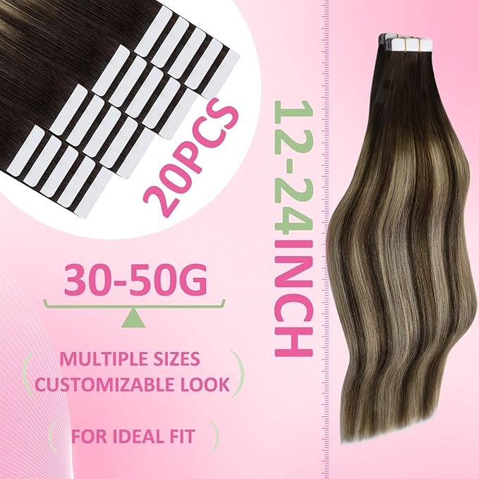YoungSee Invisible Tape in Hair Extensions Balayage Tape in Hair Extensions Human Hair Dark Brown Balayage Blonde Real Hair Tapein Extension Human Hair for Long Hair 24Inch 20pcs 50g Easy to Apply
