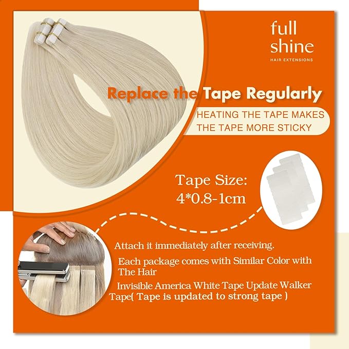 Full Shine Fashion Tape Hair Extensions Real Human Hair Couture Short 12 Inch Color 60 Platinum Blonde in Remy 20 Pcs 30G Thick Ends Piece Invisible Seamless Human Hair Extensions Tape in