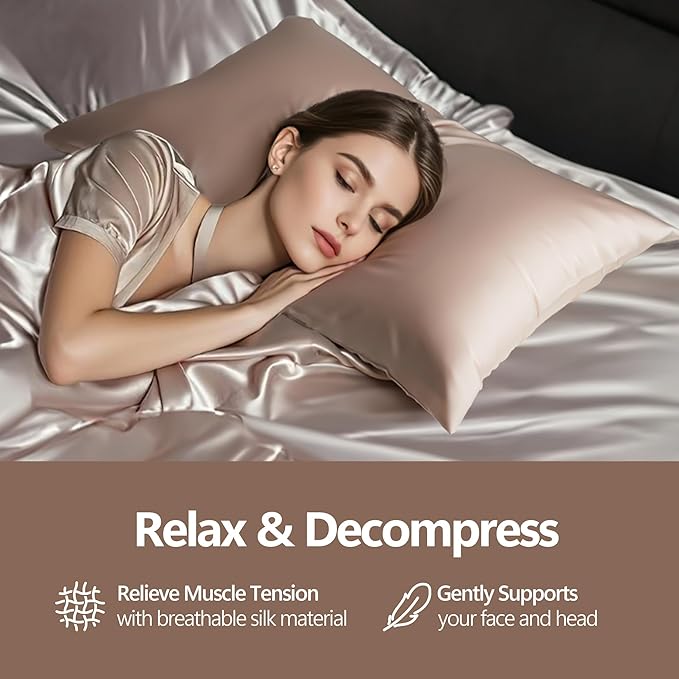 Silk Pillow Cases - 6A Luxury 100% Mulberry Silk Pillowcase for Hair and Skin - Anti-Wrinkle, Cooling & Smooth, Hidden Zipper - Pillowcases for Sleeping Women (Beige, Standard)
