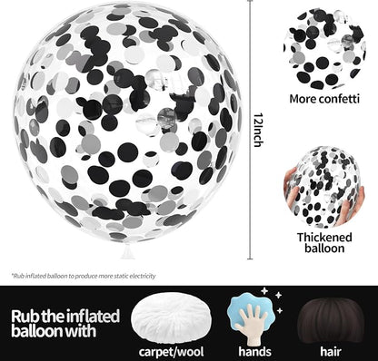 VHUWE Black Silver Confetti Balloons 25 Pcs, 12 Inch Thickened Clear Latex - Image 2