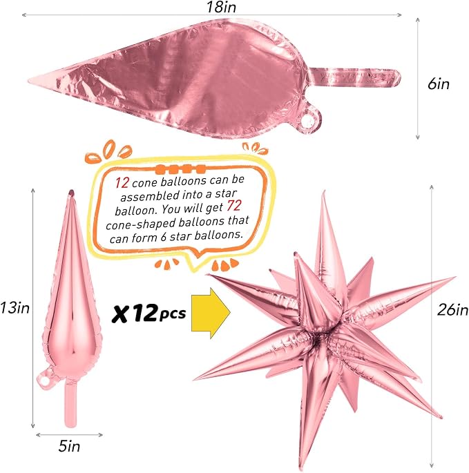 72 Pcs Pink Red Rose Gold Star Balloons, Big 26 Inch Explosion Foil Cone - Image 5