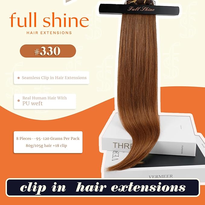 Full Shine Seamless Human Hair Clip in Extensions Copper Seamless Clip in Hair Extension Real Human Hair 24 Inch Straight Clip ins for Women Add Volume 8 PCS 120 G