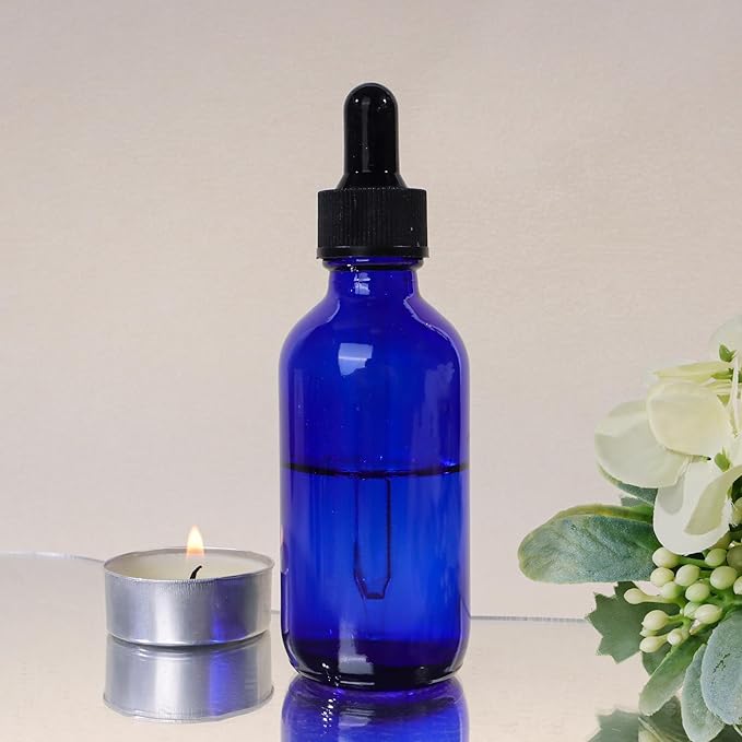 48 Pack 2oz Cobalt Blue Glass Bottles with Glass Eye Droppers for Essential Oils, Perfumes & Lab Chemicals (Brush, Funnels, 2 Extra Droppers, 54 Pieces Labels & 30ml Measuring Cup Included)