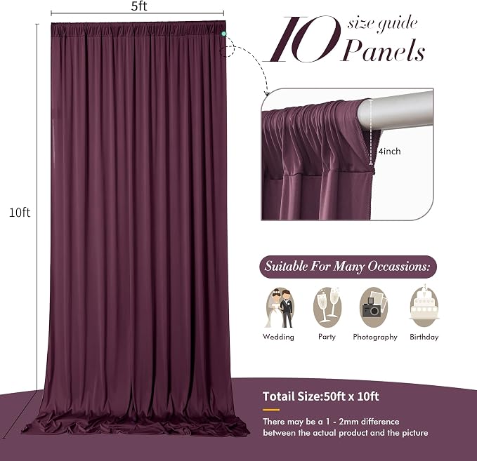 50 ft x 10 ft Wrinkle Free Maroon Backdrop Curtain - Image 5
