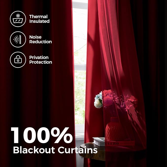 100% Blackout Curtains for Bedroom, Double Layer Red Curtains, Room Darkening - Image 3