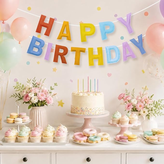 Felt Happy Birthday Banner, Pre-Strung 3D Birthday Rainbow Garland | Reusable - Image 5