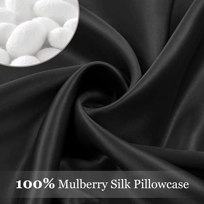 Adubor Silk Pillowcase for Hair and Skin with Hidden Zipper, Both Sides 23 Momme Silk Pillow Case, Queen Size 20×30 inches, Black, 2PCS