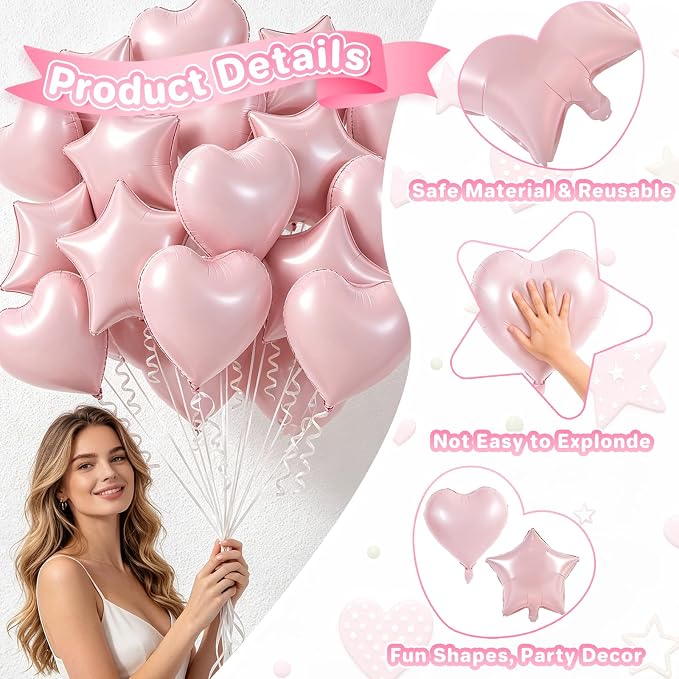 TONIFUL 18 Inch Lingt Pink Star and Heart Foil Balloons - Image 4