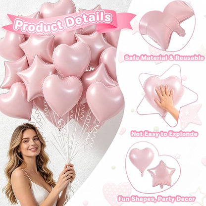 TONIFUL 18 Inch Lingt Pink Star and Heart Foil Balloons - Image 4