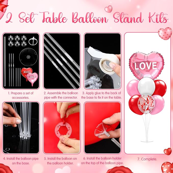 Seematn 2 Set Valentines Day Table Centerpiece Red Pink Balloon Stand Kit Heart - Image 4