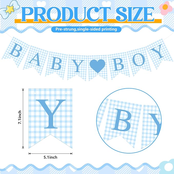 Hahafelt 1 Pcs Blue Gingham Baby Boy Banner - Image 4