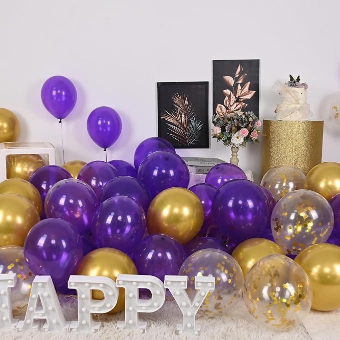 Purple and Gold Balloons, 60 Packs 12 Inch Dark Purple and Gold Confetti - Image 4