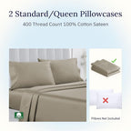 California Design Den Standard Queen Size Pillowcase Set - 400 Thread Count, 100% Cotton Sateen, Set of 2 Pillow Covers, Soft and Breathable - Taupe