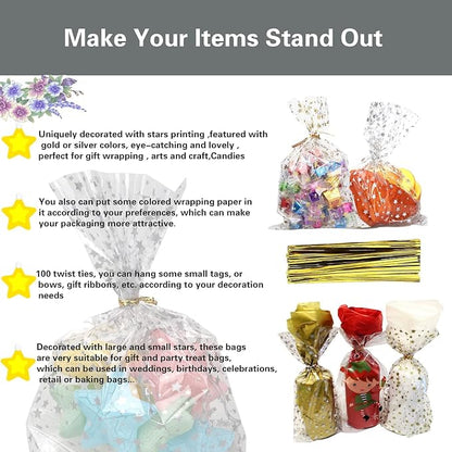 COQOFA 200 Pcs Star Printed 6"X10" Gift Wrap Cello Cellophane Treat Bags Party - Image 4