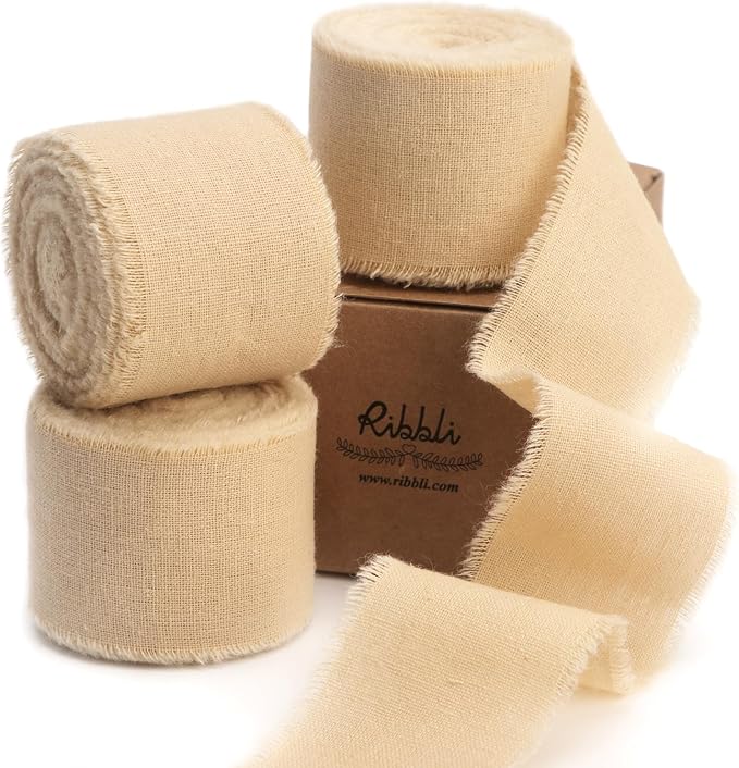 Ribbli 3 Rolls Nude Ribbon 1.5 Inch x 18Yards Beige Handmade Cotton Frayed by Ribbli