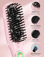 LANDOT Mini Hair Straightening Brush - Compact Heated Ionic Straightener Brush for Frizz-Free, Smooth Results, Lightweight Hot Comb & Travel Flat Iron Perfect for Short Medium Hair, Blush
