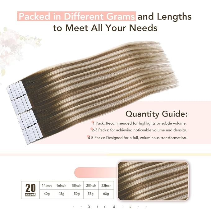 Sindra Invisi Edge Tape in Hair Extensions Human Hair 22 Inch 60g 20pcs Seamless Tape-ins Invisible Extensions Walnut Brown to Ash Brown and Blonde Straight Natural Looking