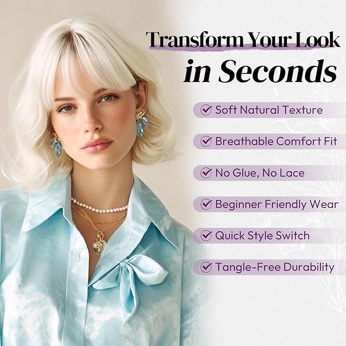 BARSDAR Short Wavy Platinum Blonde Wig with Bangs - Short Wavy Platinum Blonde Wig for Women - Textured Curly Chic French Bob Wigs with Face-Framing Bangs Soft Synthetic Natural Looking