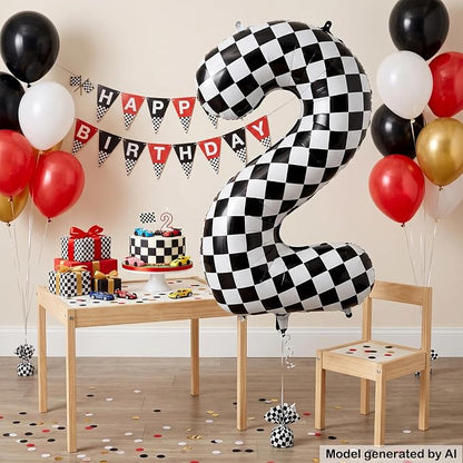 40" Checkered Number 2 Balloon for 2th Race Theme Birthday Party Supplies | 40 - Image 3