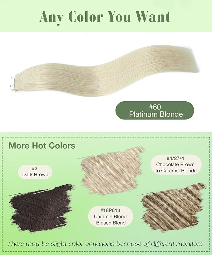 SURNEL Tape in Hair Extensions Human Hair #60 Platinum Blonde Tape in Hair Extensions 14inch 20pcs 50g(#60-14)