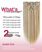 Moresoo Clip in Hair Extensions Real Human Hair Blonde with Brown Highlights Clip ins Human Hair Platinum Blonde with Medium Brown for Long And Straight 120g/7cps 22 inch