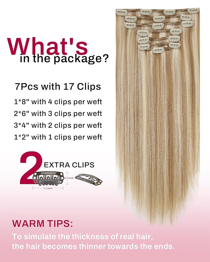 Moresoo Clip in Hair Extensions Real Human Hair Blonde Highlights Brown Hair Extensions Clip ins Golden Brow with Platinum Blonde Double Weft Remy 120g/7pcs 16 inch