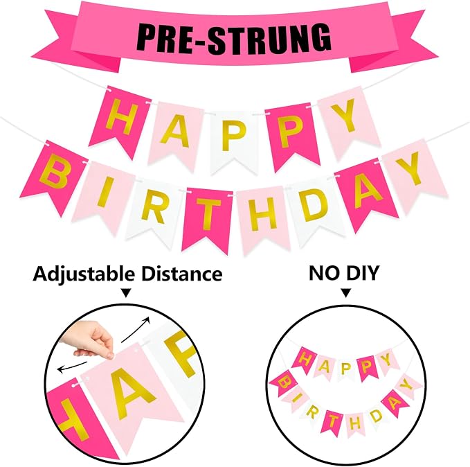 Pre-Strung Pink Happy Birthday Banner Sign - Image 2