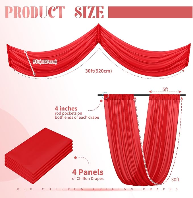 4 Panels Red Ceiling Drapes for Wedding Ceiling Drapes 5ftx30ft Wedding Arch - Image 2