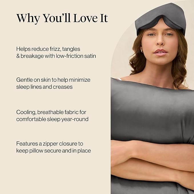 Kitsch Satin Pillowcase with Zipper for Hair & Skin, Softer Than Silk Pillow Cases Queen, Wrinkle-Free, Smooth and Cooling Satin Pillow Covers, Standard Size 19"x26" - Charcoal