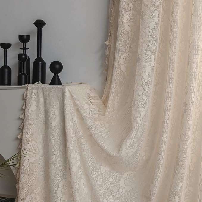 Sutuo Home Boho Kitchen Curtains Crochet Florals Embroidery, Bohemian Sheer - Image 7