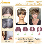 QUEENTAS Short Hair Toppers for Women with Thinning Hair Large Full Coverage with 5 Clips Hair Pieces Wispy Bangs(Brown Highlight Blonde)