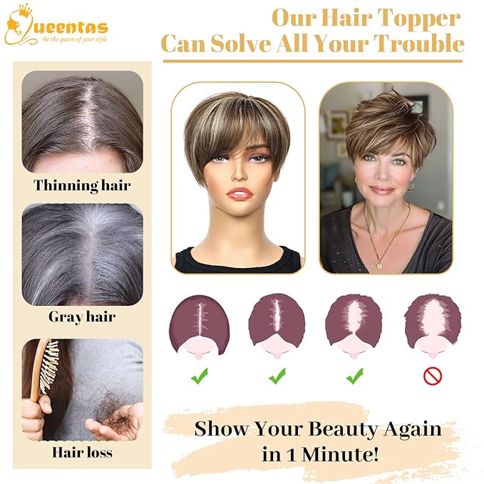 QUEENTAS Short Hair Toppers for Women with Thinning Hair Large Full Coverage with 5 Clips Hair Pieces Wispy Bangs(Brown Highlight Blonde)