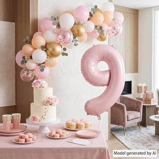 Baby Pink Number 9 Balloon 40 Inch, Muted Pastel Numeral Party Supplies | - Image 7