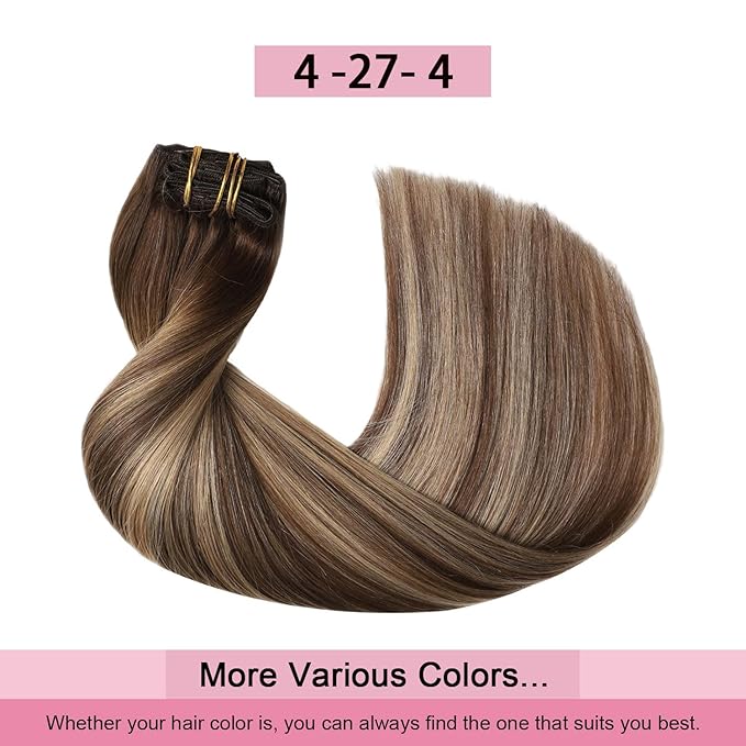 Pro2.0 Clip in Hair Extensions Real Human Hair 22inch 7pcs #4/27/4 Chocolate Brown to Caramel Blonde Remy Hair Extensions Clip in Human Hair 120g Double Weft（#4/27/4-22inch）
