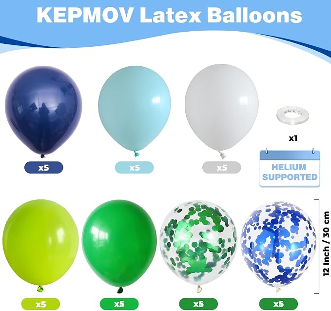 Blue and Green Balloons, 12 Inch Dinosaur Balloons - Image 2