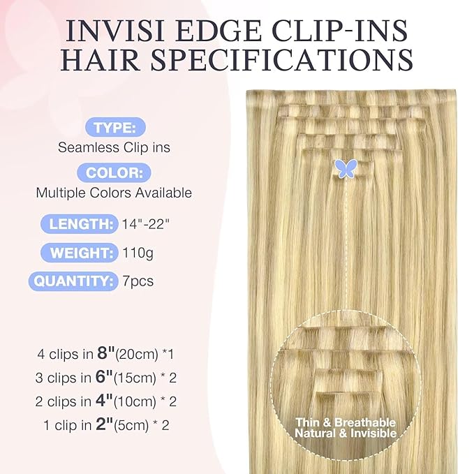 DOORES Clip in Hair Extensions Real Human Hair 22 inch 110g 7pcs Invisible Human Hair Extensions Clip ins, Injected Seamless PU Clipins Invisi Edge, P18D/22F Drity Blonde Highlight Golden Blonde