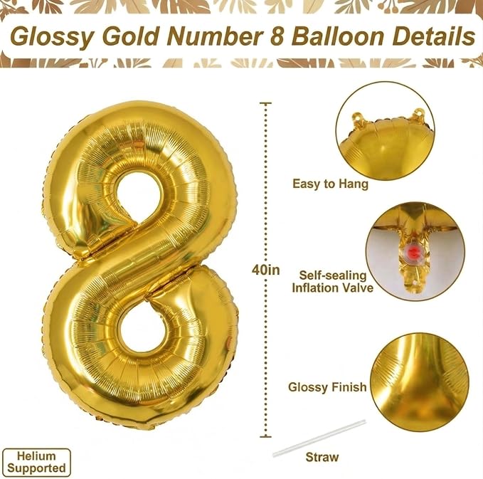 Gold Number 8 Balloon 40 Inch, Shiny Gold Foil Decor - Image 4
