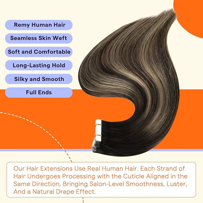 Full Shine Human Hair Tape in Extensions 14 Inch Color 1B/27/1B Black With Blonde Straight Seamless Remy Tape Ins Human Hair Extensions Balayage 20PCS Extensions for Women Real Hair 50g for Party