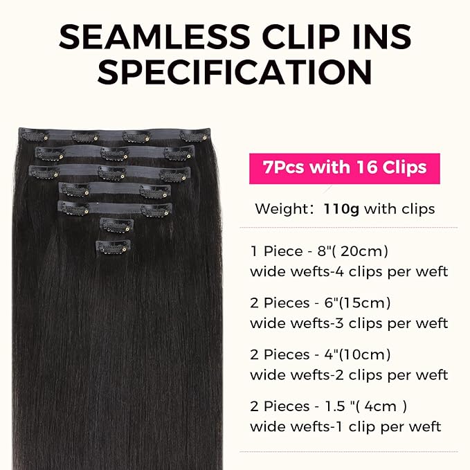 Lashey Seamless Clip in Hair Extensions 20 Inch 110g 7pcs Light Yaki Straight Clip in Hair Extension Human Hair Natural Black Extensions Remy Hair Extensions Clip ins Human Hair