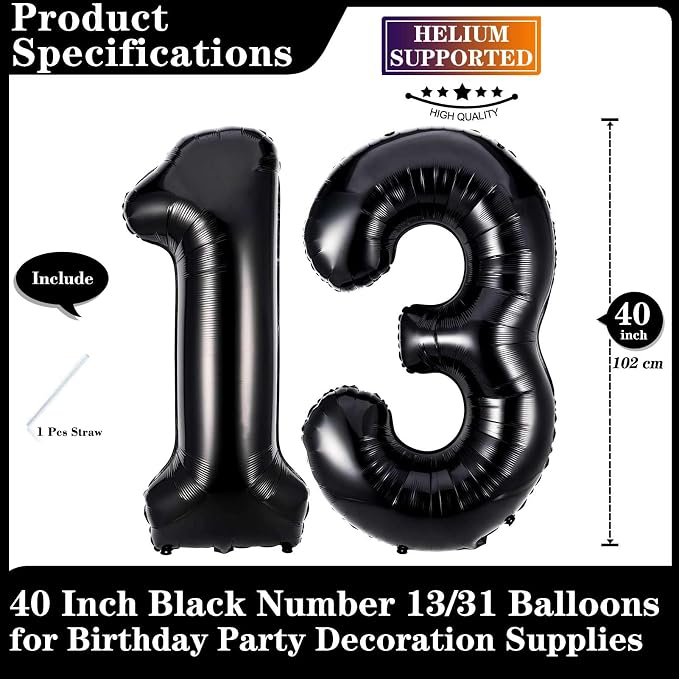 Black 13 Number Balloons, 40 Inch Giant Number 13 Balloons Foil Mylar Helium - Image 2