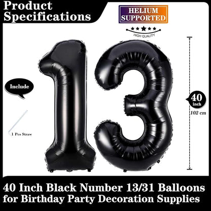 Black 13 Number Balloons, 40 Inch Giant Number 13 Balloons Foil Mylar Helium - Image 2