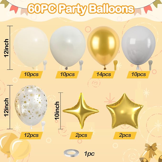 White And Gold Balloons, Fireworks Printed Balloon Star Foil Balloon - Image 2